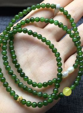 碧玉菠菜绿4mm精致圆珠三圈手链锁骨链配蜜蜡珍珠