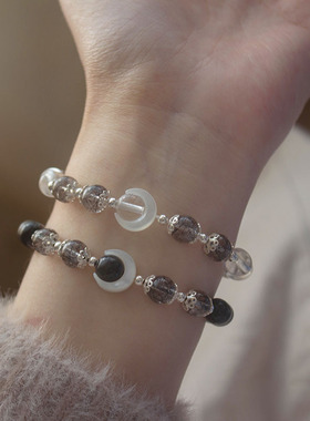 天然黑曜石白水晶情侣手链礼物