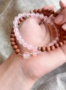 天然檀木双层手串女新中式招正桃花粉水晶转运珠国学手链直播