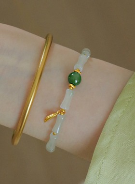 烟雨绕竹天山翠竹节手链女新中式s925纯银和田玉手串闺蜜生日礼物