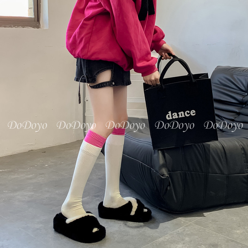 洞洞妖 黑白拼接撞色小腿袜女秋冬撞色个性纯棉INS潮网红及膝长袜