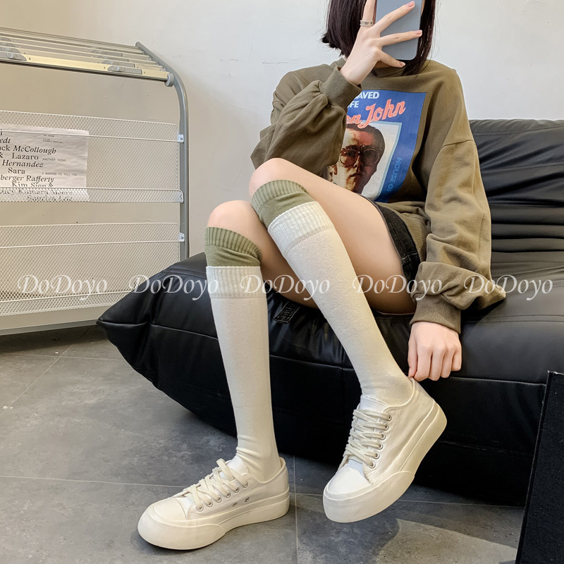 洞洞妖 黑白拼接撞色小腿袜女秋冬撞色个性纯棉INS潮网红及膝长袜