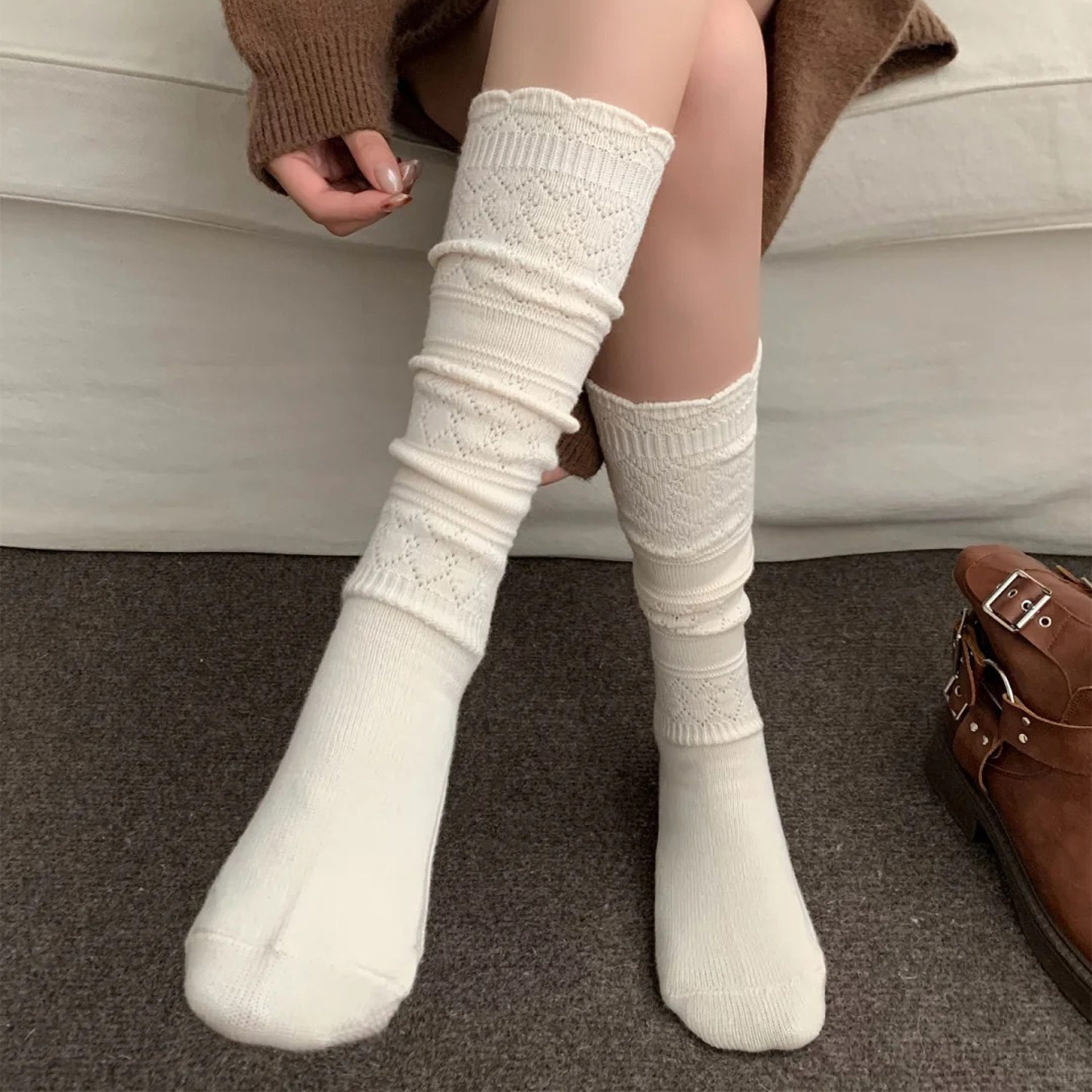 白色镂空针织小腿袜女春秋薄款韦雪同款网红显瘦配长靴长筒堆堆袜,淘宝优惠券,粉丝福利购,淘宝优惠卷