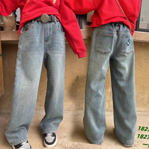 Sky Yijiao 2023 Winter new male and female child integrated suede jeans CUHK Child Parenting Year Goods Straight Barrel Pants 18238