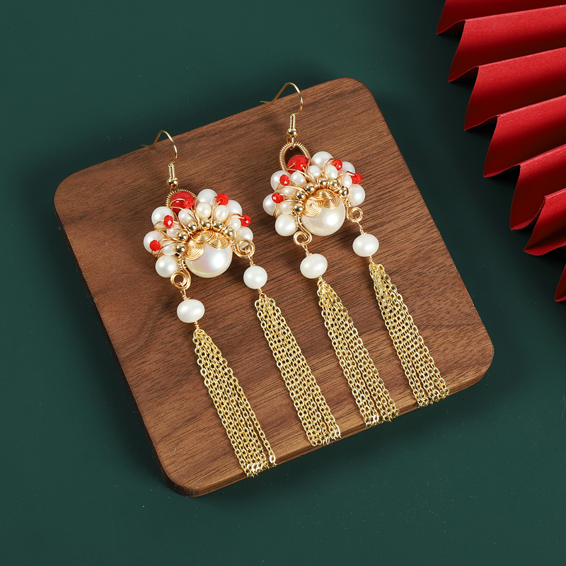 新中式刀马旦脸谱流苏珍珠耳环国风设计感气质长款小众国潮耳饰女 - 图0