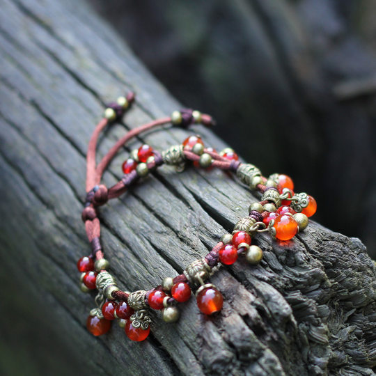 原创森系民族风编织玛瑙脚链女复古波西米亚硕果铃铛流苏吊坠脚环
