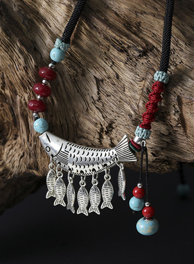 原创编织多子鱼流苏吊坠女项链