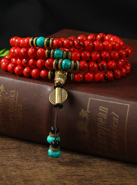 藏式民族风108颗绿松石手串