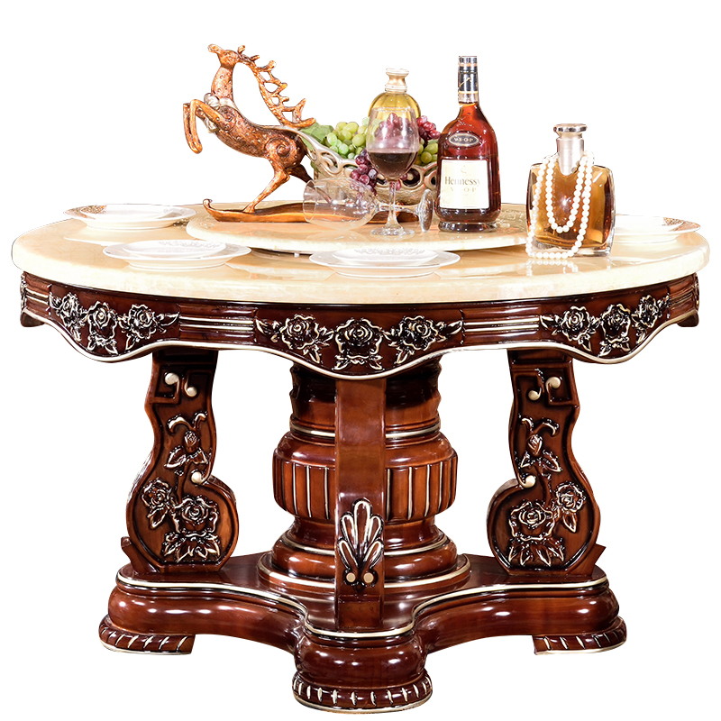 欧式天然大理石餐桌 豪华圆桌子 餐厅实木法式美式餐桌椅组合包邮