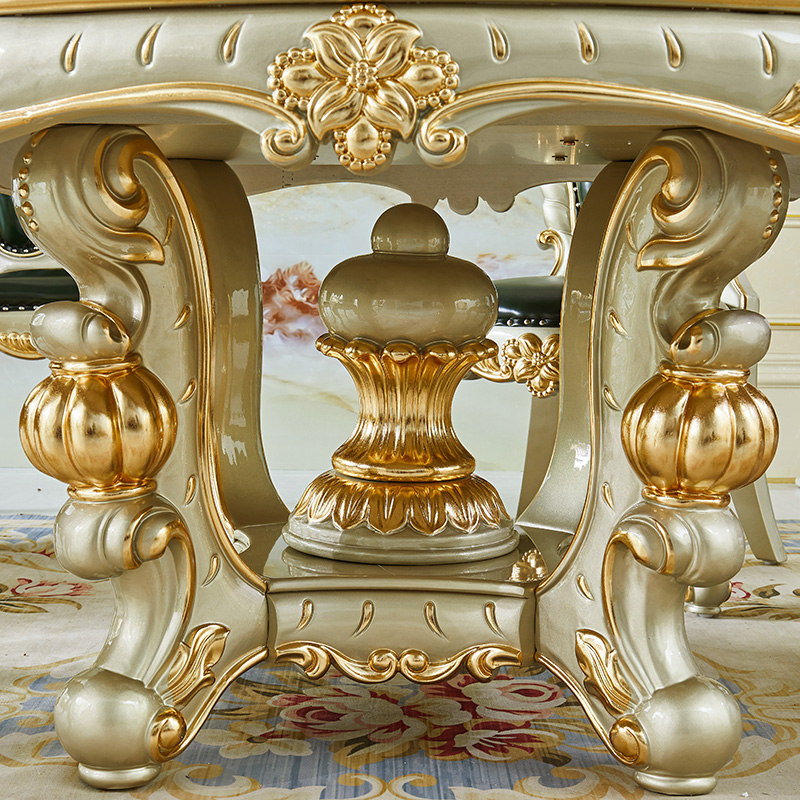 欧式大理石餐桌美式别墅实木雕花描金银圆桌带转盘饭桌家用餐桌-图1