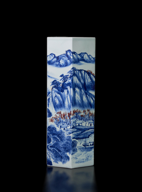 景德镇陶瓷花瓶手绘青花山水纯手工六方镶器书房玄关字画摆件珍藏