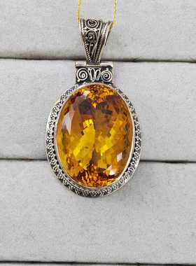 手工银饰925银镶嵌复古做旧银饰黄色宝石吊坠复古简洁大气