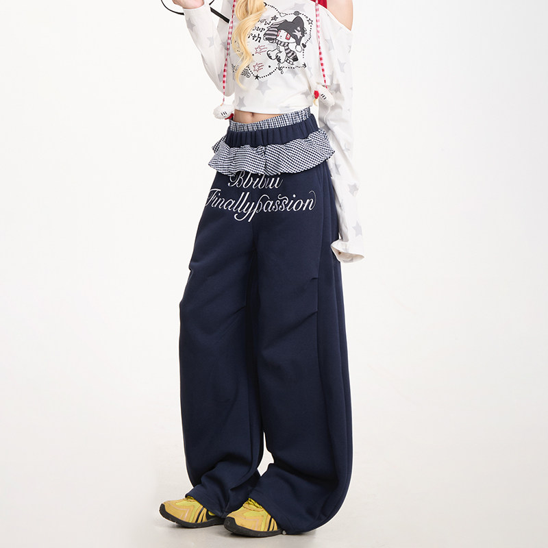 NERESUM甜美格纹花边粉色卫裤女褶皱跳舞弯刀长裤垂感显瘦阔腿裤,淘宝优惠券,粉丝福利购,淘宝优惠卷