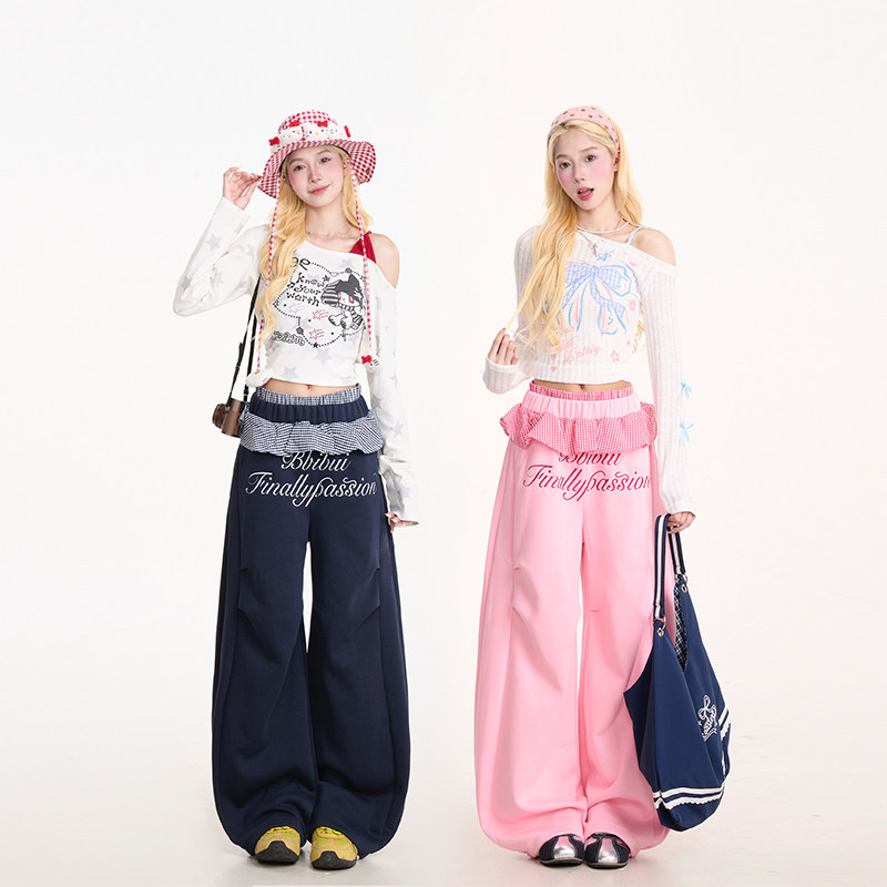 NERESUM甜美格纹花边粉色卫裤女褶皱跳舞弯刀长裤垂感显瘦阔腿裤,淘宝优惠券,粉丝福利购,淘宝优惠卷