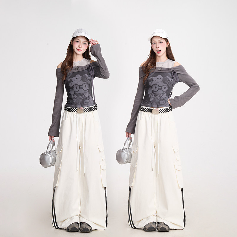 NERESUM韩系Kitty猫假两件长袖T恤女春季甜辣拼接设计感露肩上衣,淘宝优惠券,粉丝福利购,淘宝优惠卷