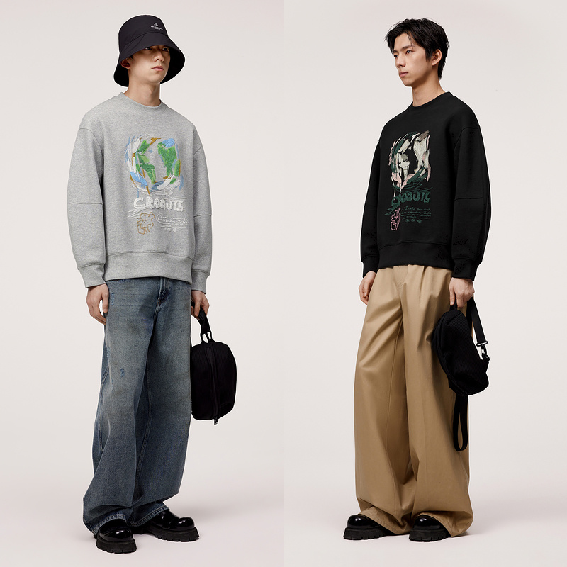 速写男装新款套头卫衣圆领印花宽松休闲上衣