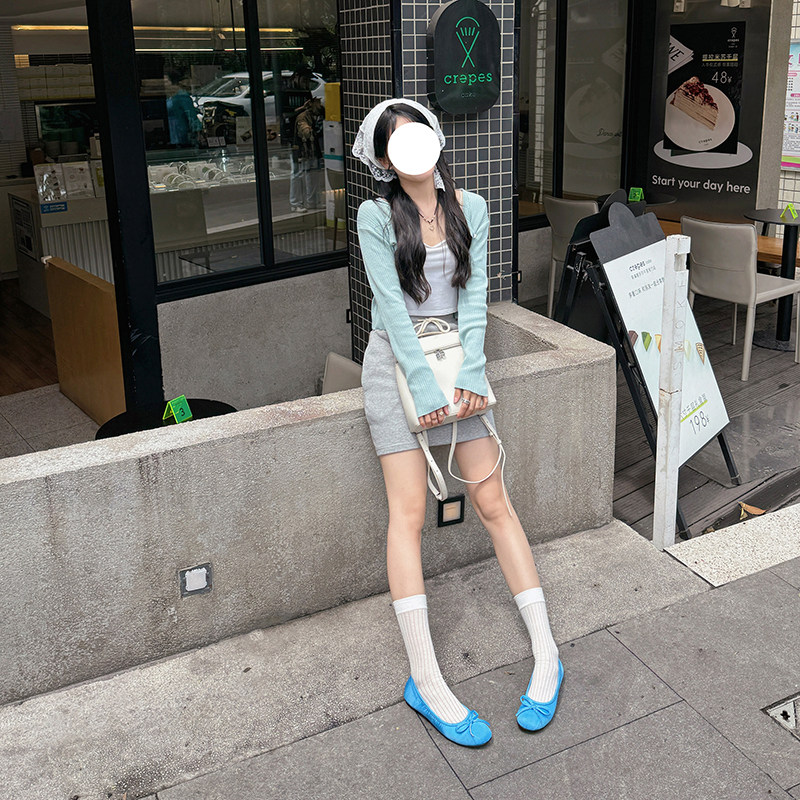 真皮绸缎法式芭蕾舞蓝色单鞋女2024年新款蝴蝶结小蓝鞋平底奶奶鞋,淘宝优惠券,粉丝福利购,淘宝优惠卷