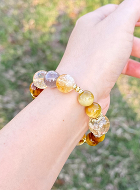 【桃禧】天然黄塔晶金发晶手串虎眼石 灰玛瑙招财多宝手链 女转运