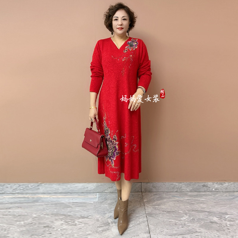 妈妈装时尚优雅绣花长款礼服裙秋冬中老年加肥宽松大码针织连衣裙,淘宝优惠券,粉丝福利购,淘宝优惠卷
