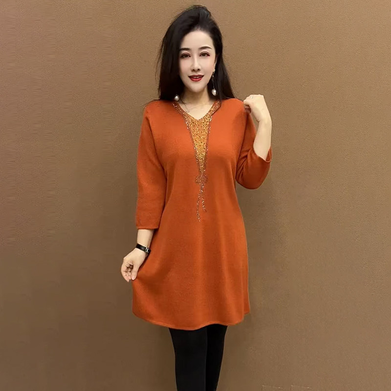 秋冬洋气V领针织大版衫宽松遮肉小个子妈妈弹力中长款打底毛衣裙,淘宝优惠券,粉丝福利购,淘宝优惠卷