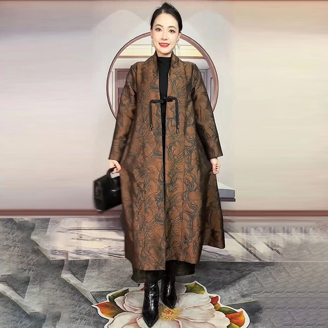 Chinese style jacquard trench coat for women loose mom coat