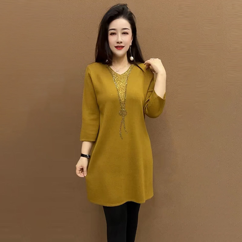 秋冬洋气V领针织大版衫宽松遮肉小个子妈妈弹力中长款打底毛衣裙,淘宝优惠券,粉丝福利购,淘宝优惠卷