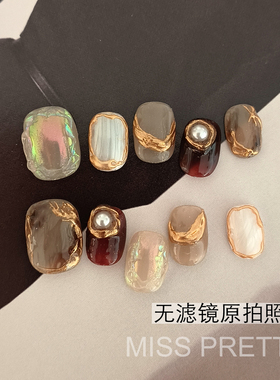 手工手绘美甲短款美拉德穿戴甲