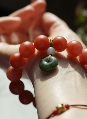 纳福收藏杨柳料锦红宝手串和田玉