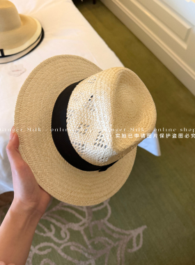 Ginger Milk新品【chill】镂空棕丝草编平檐爵士帽时尚百搭巴拿马