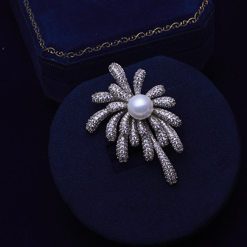 Hijewel烟花微镶锆石天然淡水珍珠胸针精致别针胸花 - 图2