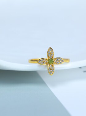轻奢四叶草925银镶玉石女戒