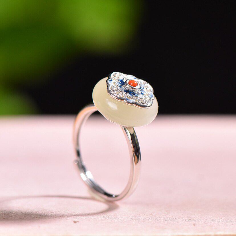 Vintage palace Hetian jade silver open ring