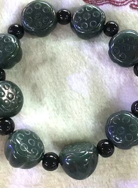 优质新疆和田玉墨玉莲花莲蓬手链天然籽料黑青玉手串男款送证书