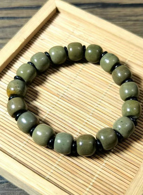 高瓷满肉抹茶绿阿拉善泥石老型珠手链女男款天然玛瑙单圈玉石手串