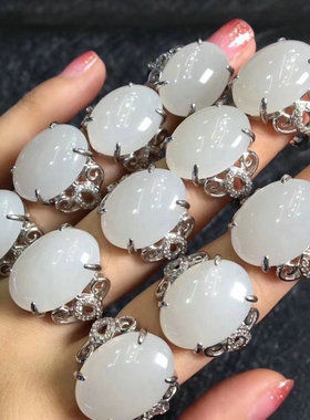 新疆羊脂玉925银戒指女款 和田玉蛋面镶嵌开口戒托指环饰品送证书