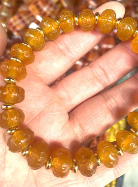 天然黄玛瑙回纹珠手链男女算盘珠冰透祥云桶珠民族风情侣玉手串