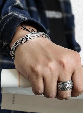 792新款方形环套环六字真言手链男士护身符潮人百搭休闲男款银饰