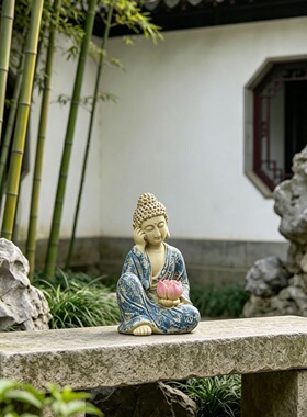 树脂禅意睡佛摆件手托粉莲中式家居装饰工艺品客厅茶桌庭院造景