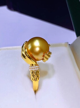 南洋金珠戒指正圆极强光天然海水珍珠镀金镶嵌锆石个性