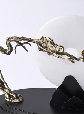 新中式玉石平安扣金属迎客松扇子摆件禅意人物招财树造景玄关装饰