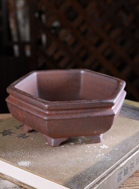 宜兴紫砂大号花盆 柴烧复古中式WC83#束口六方绿植桌面