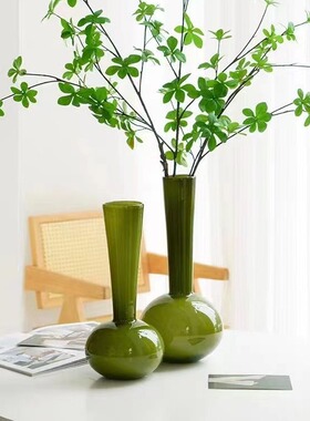 中古琉璃花瓶感绿色摆件桌面办公室干花花束客厅摆设一枝花高