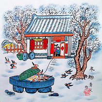Winter Fun Rural Kid Winter Snowscape Childrens Game Watching Sparrow Play House Farmers Painting Dimensions 25x25cm
