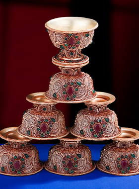 尼泊尔手工掐丝供水碗镶宝石铜鎏银供水杯藏式供杯单只小号8cm