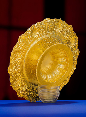 曼扎盘托盘S990纯银镀金手工八吉祥雕花供盘底盘大号单托盘14cm