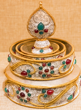 藏族曼达盘 尼泊尔手工掐丝镶嵌宝石铜鎏金鎏银供曼扎盘 密宗法器