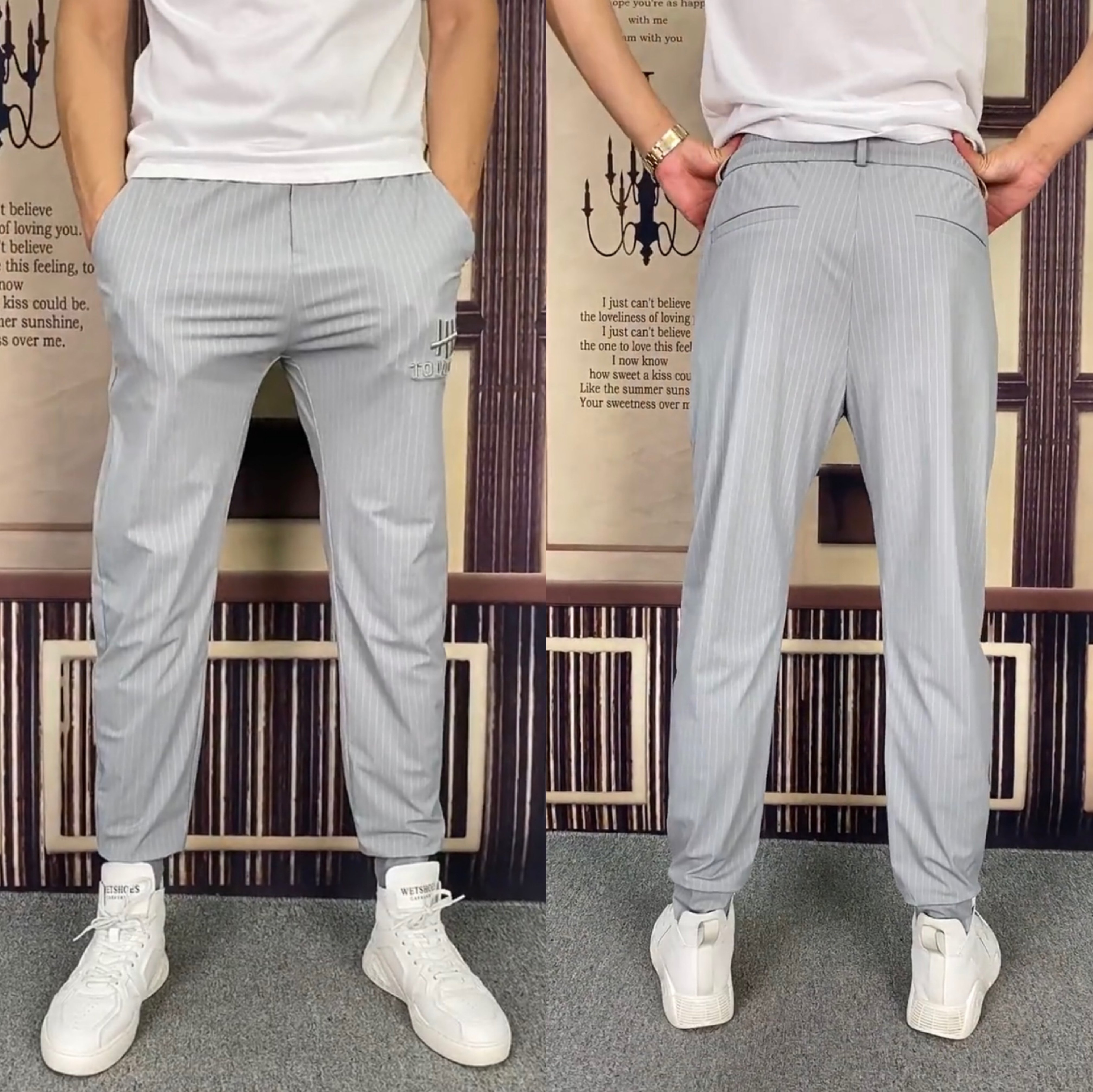 9960夏季冰丝条纹休闲裤薄款弹力宽松小脚潮流裤子男哈伦裤长裤帅,淘宝优惠券,粉丝福利购,淘宝优惠卷