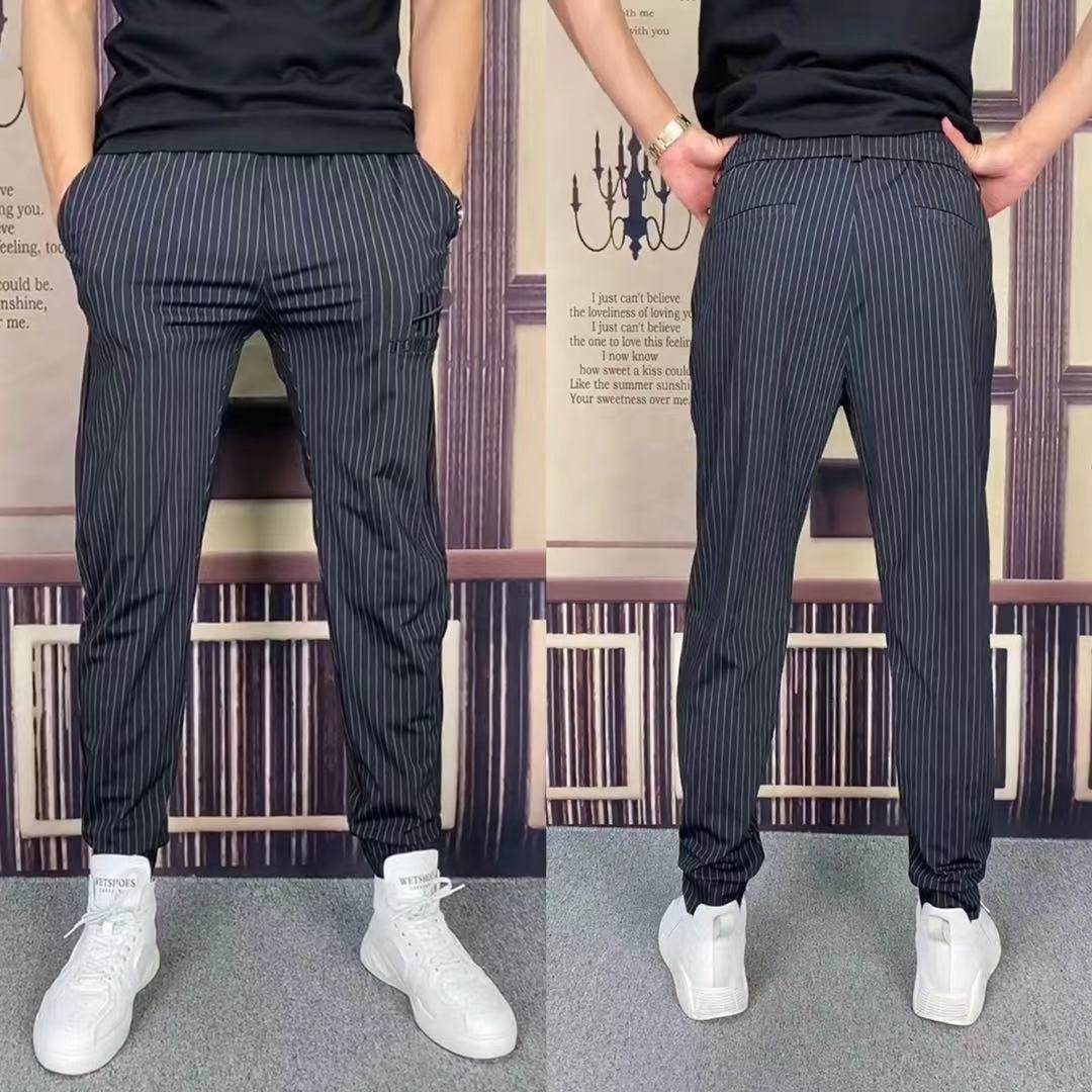 9960夏季冰丝条纹休闲裤薄款弹力宽松小脚潮流裤子男哈伦裤长裤帅,淘宝优惠券,粉丝福利购,淘宝优惠卷