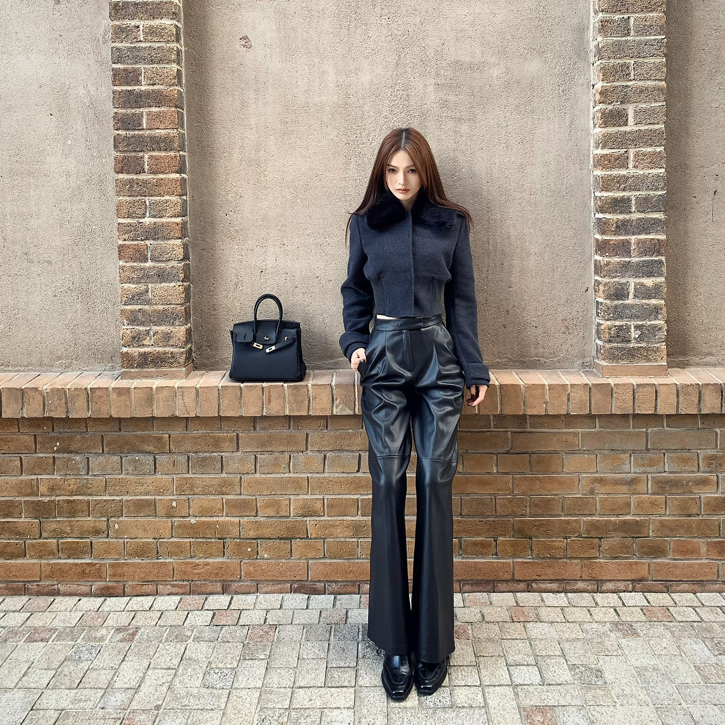 Lienni2025秋冬新款时髦可拆卸毛领外套女毛呢直筒阔腿皮裤套装,淘宝优惠券,粉丝福利购,淘宝优惠卷