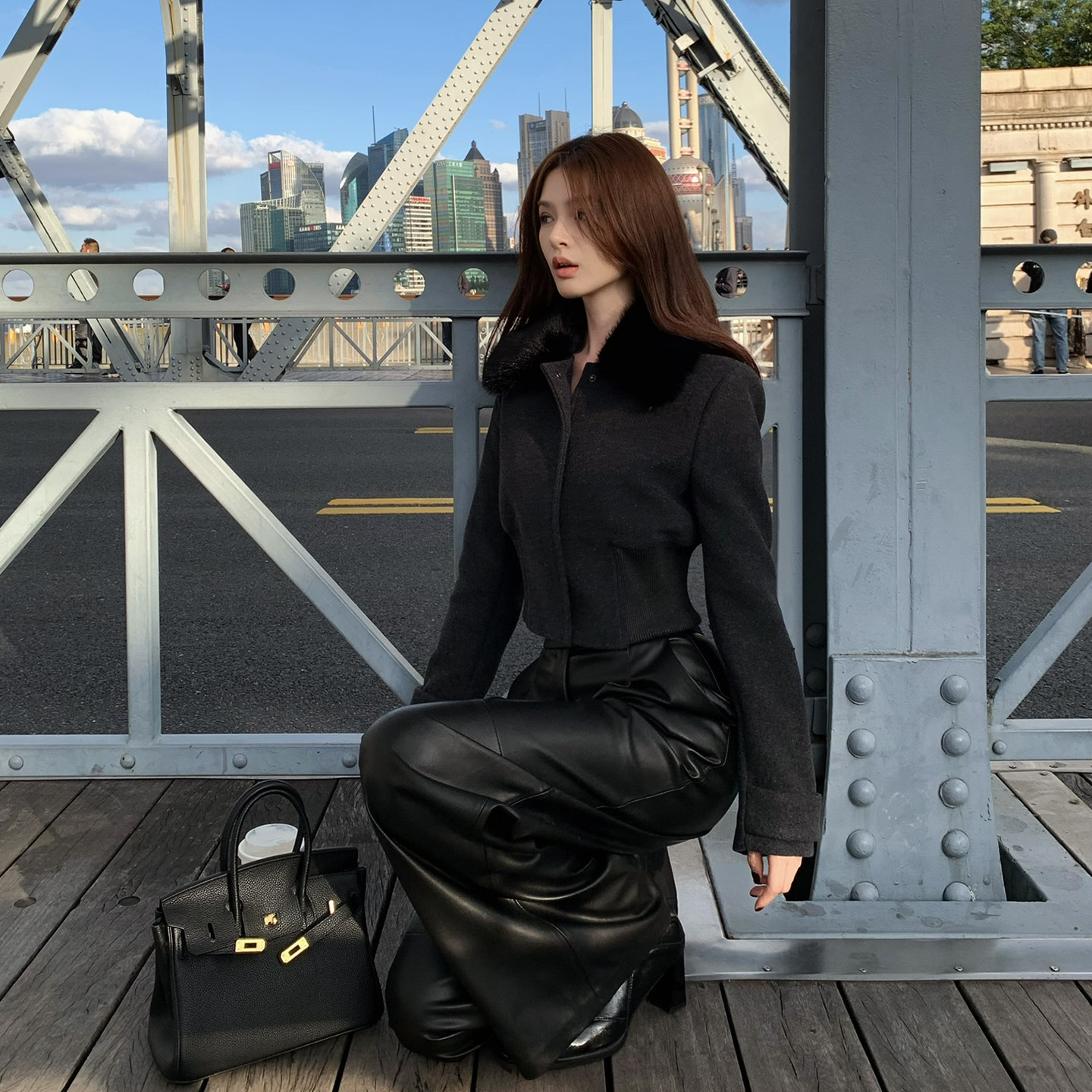 Lienni2025秋冬新款时髦可拆卸毛领外套女毛呢直筒阔腿皮裤套装,淘宝优惠券,粉丝福利购,淘宝优惠卷